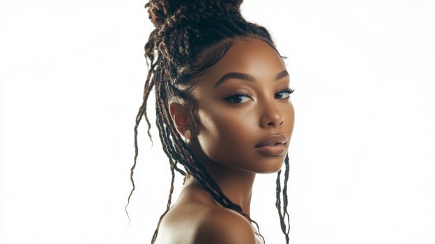 Captivating moment of serene beauty with intricate braided hairstyle illuminated by soft lighting in a minimalist studio setting photo