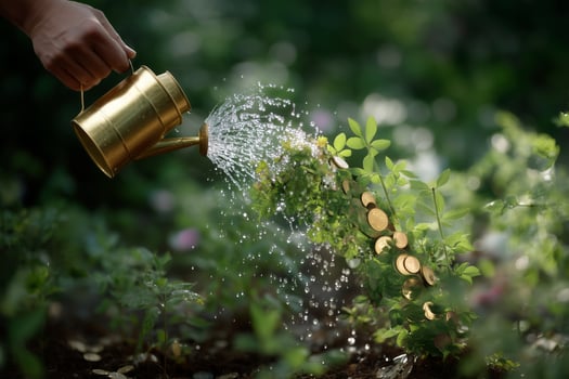 Watering a plant with coins sprouting from the soil in a serene garden setting during daytime photo