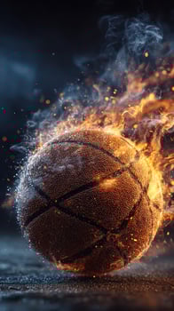 Basketball engulfed in flames with smoke and sparks during dramatic sports event at night photo