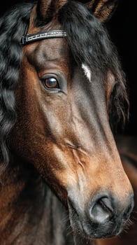 Close-up view of a beautiful equine with detailed features and a glossy coat in a serene setting during golden hour photo