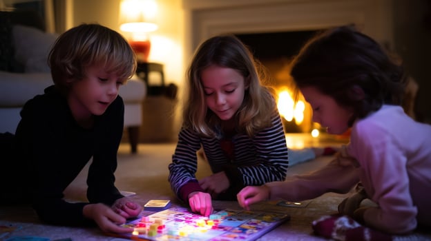 Children enjoying a board game together by the fireplace during a cozy evening photo