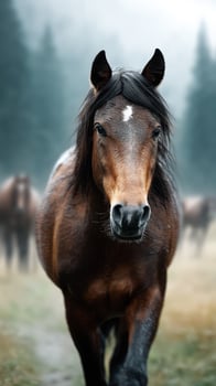 Majestic horse standing confidently in a misty forest during early morning light photo