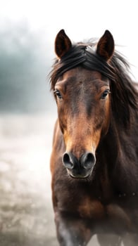 Close-up of a majestic brown horse in a misty field during early morning light photo