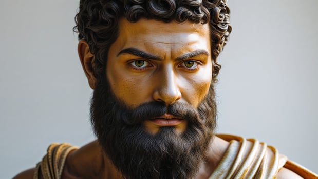 Realistic sculpture of an ancient warrior with detailed features, captured in natural light photo