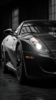 Sleek black sports car gleams under industrial lighting in a warehouse setting during a rainy evening photo