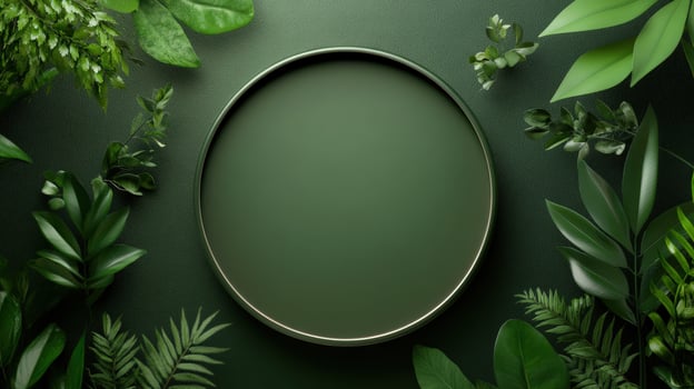 Green oval frame with leaves on a dark background photo