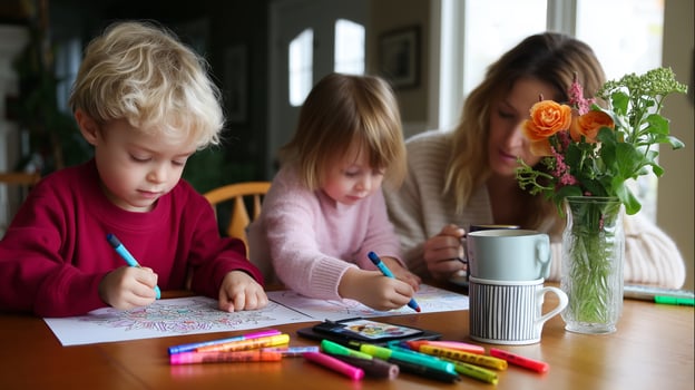 Children engage in coloring activity with mother at home on a cozy afternoon, surrounded by art supplies and flowers photo