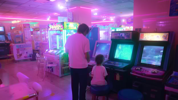 Young child and adult enjoy classic arcade games in a vibrant amusement center during evening hours photo