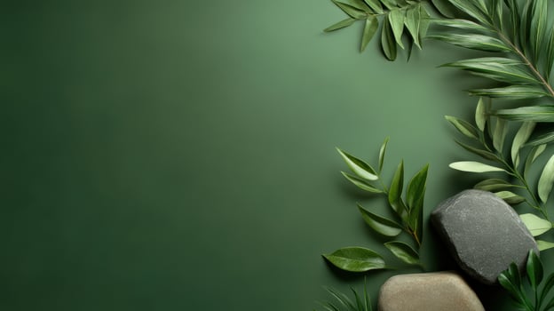 Green background with stones and leaves photo