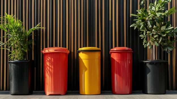Three trash cans with plants in front of a wooden wall photo