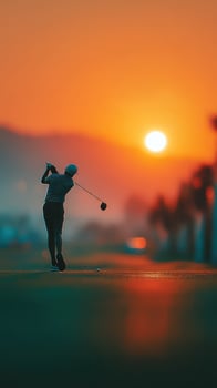 Golf swing at sunset creates a beautiful silhouette on the course photo