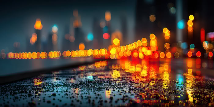 City skyline glows with lights as rain-soaked street reflects urban nightlife ambience during evening hours photo