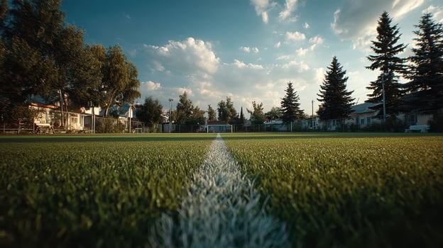 Sunset over a soccer field with clear skies and lush green grass in a residential area photo