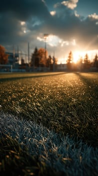 Sunset over a well-maintained soccer field with vibrant grass and gentle light in the background photo