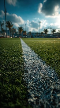 Sports field with artificial grass and clear blue sky during day near urban area with palm trees photo