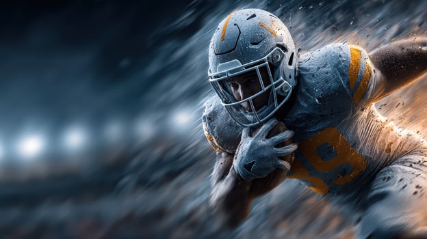 Dynamic football player sprinting on a rain-soaked field during a night game photo