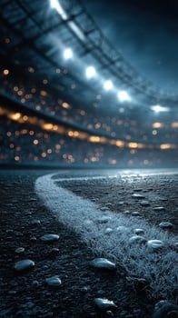 Stadium view showcasing a well-marked soccer field illuminated at night during an exciting match atmosphere photo
