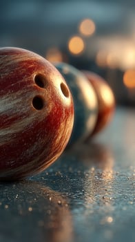 Bowling balls lined up on a shiny alley with soft lighting during an evening bowling session photo