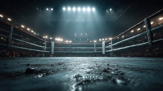 Boxing ring illuminated by bright arena lights during a lively fight night event in an indoor stadium photo