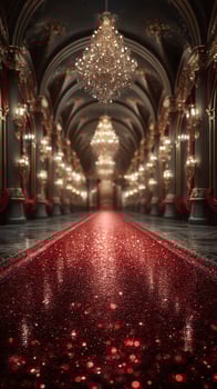Elegant hallway adorned with sparkling red carpet and ornate chandeliers in a grand venue during an evening event photo