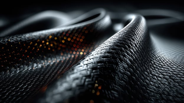 Black textured fabric with intricate weaving and reflective highlights under soft lighting creates an artistic visual composition photo