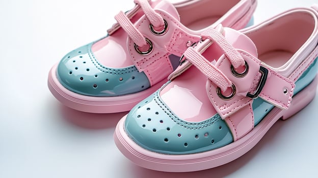 A pair of pink and blue shoes with a blue bow photo