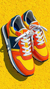 Brightly colored sneakers placed on a vibrant yellow background highlight modern footwear design and style trends photo