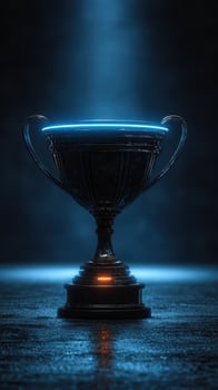 Illuminated trophy stands proudly on a dark surface, highlighting its intricate design and shiny contours during a dramatic presentation photo