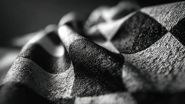 Textured black and white fabric with a checkered pattern displaying intricate folds and shadows in natural light photo