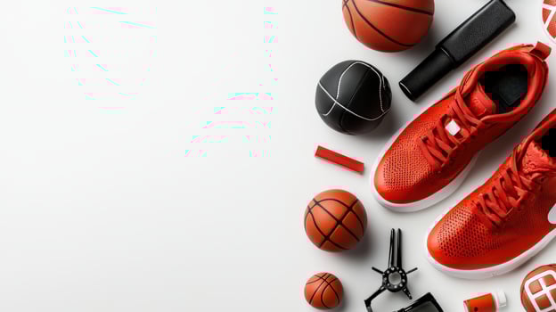 A red pair of sneakers and basketball equipment on a white surface photo