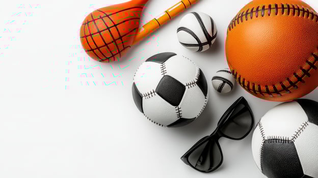 Various sports equipment including a basketball, soccer ball, and sunglasses photo