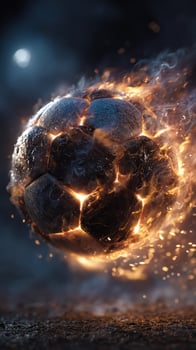 Ball ignites as it soars through the air with dazzling flames and smoke at dusk photo