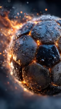 Soccer ball with fiery effects and water droplets against a dark background during a dramatic moment photo