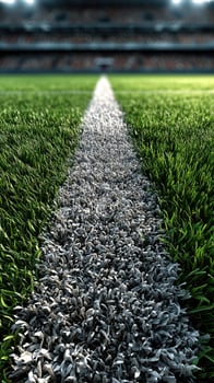 Green grass field with white line leading to stadium seating during a sports event at dusk photo