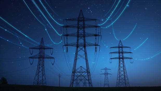 Power lines stand tall against a deep blue sky illuminated by stars while energy flows through the lines at night photo