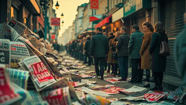 Long line of people waiting in a city street filled with scattered newspapers during early evening photo