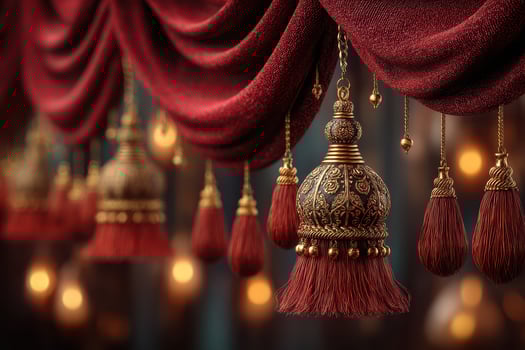 Decorative red drapes with ornate tassels and golden details in a warm, dimly lit space, highlighting traditional craftsmanship and elegance photo