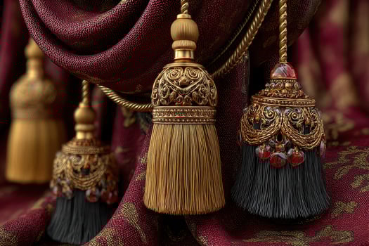 Elegant decorative tassels displayed on rich maroon fabric showcasing intricate designs and craftsmanship from a luxurious interior setting photo