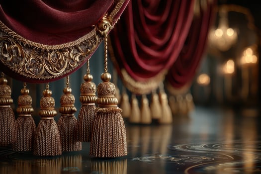 Elegant crimson curtains draping a luxurious space with intricate golden tassels and soft ambient lighting photo