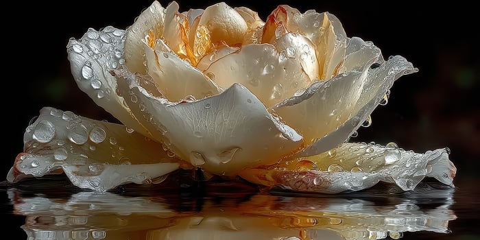 Blooming white rose with water droplets reflecting on a serene lake at dawn photo