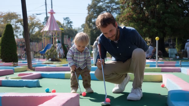 Father and child enjoy mini golf at a colorful amusement park on a sunny afternoon in a family-friendly outdoor setting photo