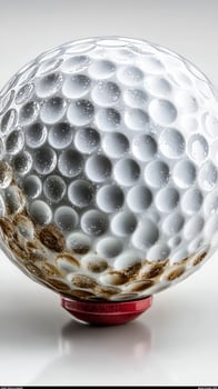 Unique glass golf ball filled with sand carefully placed on a red tee against a white background photo