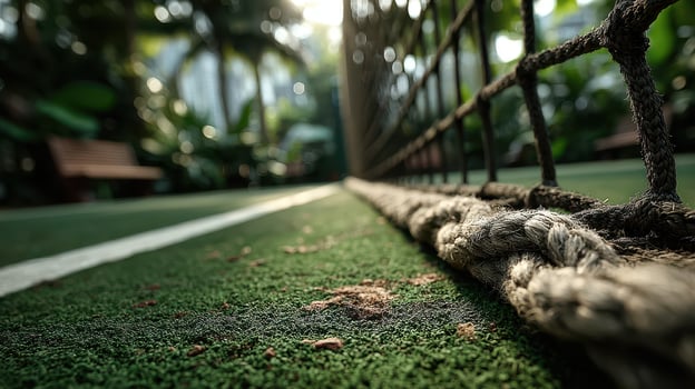 Indoor tennis court showcases vibrant green carpet under soft natural light surrounded by tropical plants in a serene environment photo