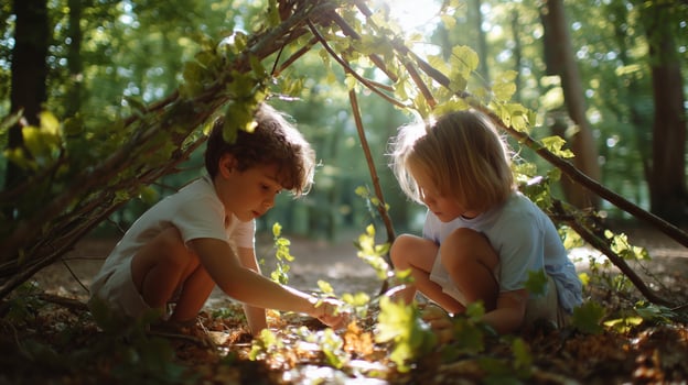 Two children explore nature while building a fort with sticks and leaves in a sunlit forest during the golden hour photo
