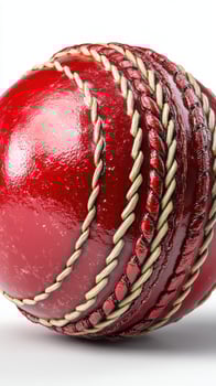 Close-up view of a vibrant red cricket ball with detailed stitching, showcasing craftsmanship and design in sports equipment photo