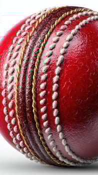 Red cricket ball lying on a flat surface with detailed stitching visible and vibrant color in bright lighting photo