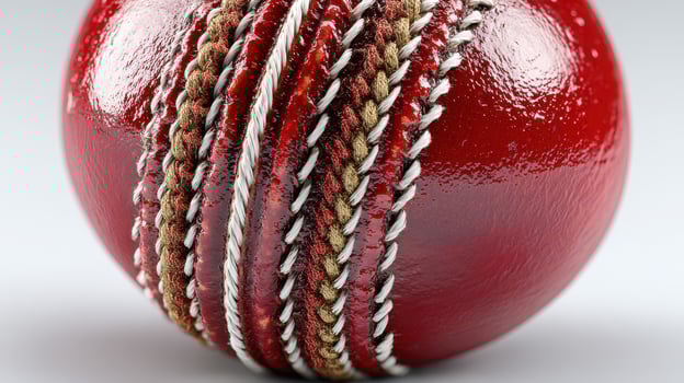 Cricket ball resting on a smooth surface highlighting its detailed stitching and glossy finish photo