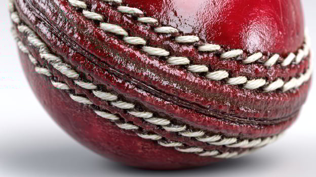 Cricket ball close-up reveals detailed stitching and glossy surface during a game moment in the afternoon sun photo