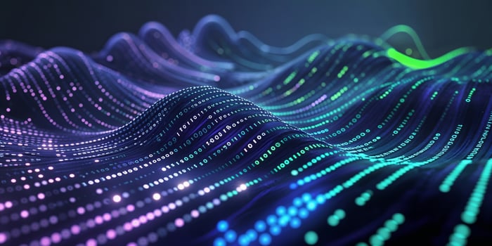 Colorful wave of digital data representation flowing in a futuristic environment at night photo