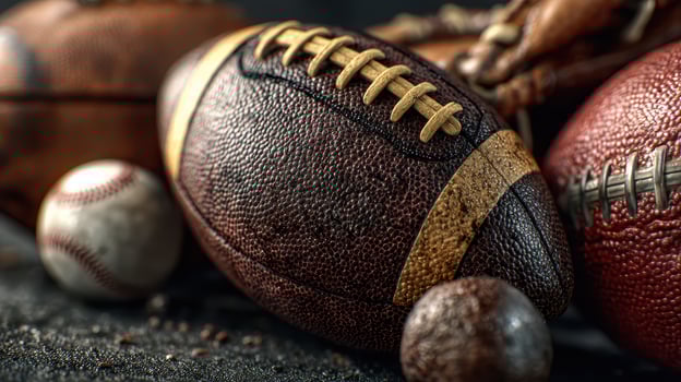 Various sports balls resting on a dark surface with focus on a worn football and a leather glove photo